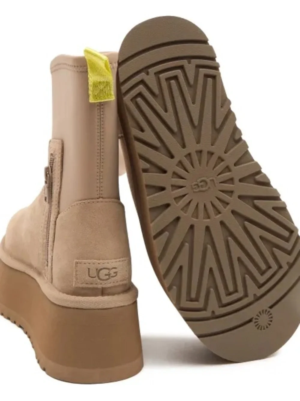NWOT UGG Classic Dipper Tan Suede Platform Ankle Boots with Yellow Pull Tabs